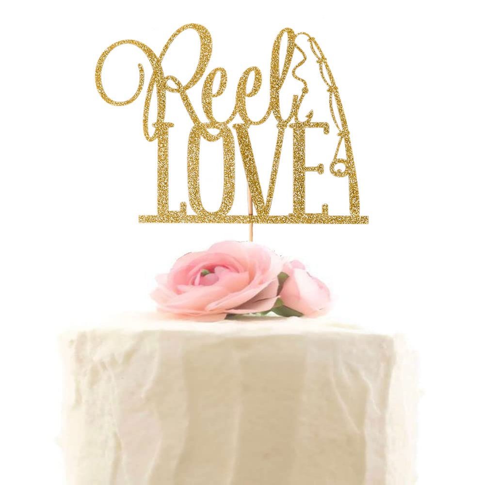 Reel Love Wedding Cake Topper, Fishing Wedding Cake Toppers, Engagement Party Decors, Gold Glitter