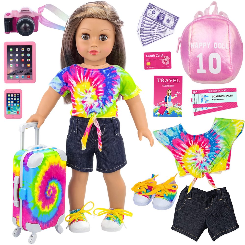 Ecore Fun 18 inch Girl Doll Suitcase Travel Luggage Accessories Play Set - 18" Doll Carrier Storage, Including Suitcase Camera Cell Phone Shoes ect
