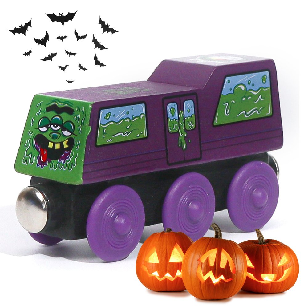 Toddler Halloween Toys - Toxic Ted - Wooden Train Set with Cargo - Compatible with All Wooden Train Sets - Boo Basket Stuffers - Spooky Gifts for Kids - Zany Trains(Toxic Ted)