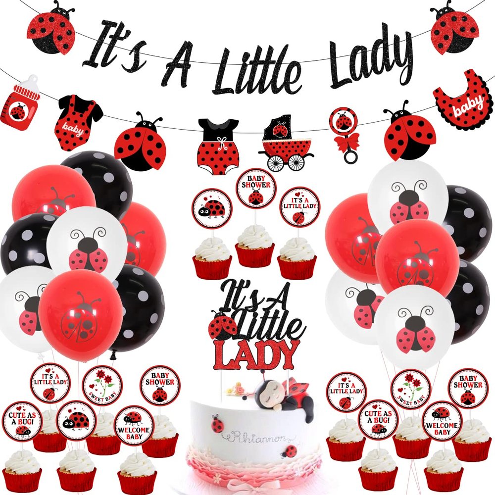 Cheereveal Ladybug Baby Shower Decorations Its A Little Lady Banner Cake Topper Balloons for Ladybird Birthday Party Supplies