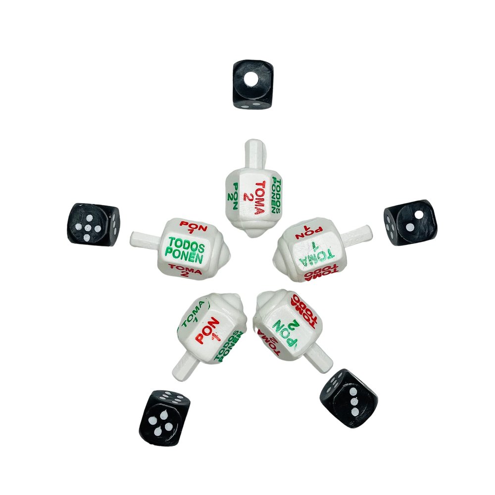 Classic Mexican Pirinola Toma Todo Solid Plastic and Dices Piece 10 Black and White Pack/Pirinola de Plastico Solida (10 Pack)