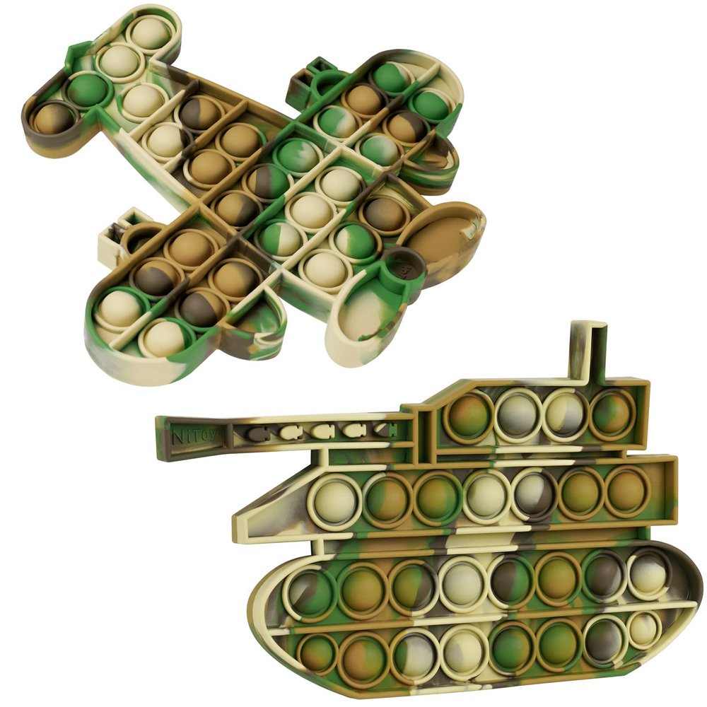 2PCS Pop Bubble Silicone Sensory Fidget Toy Pack, Multicolor Squeeze Popper Toy Stress Reduce Anxiety Relief (Tie-Dye Green Army Camo Aircraft & Tank)