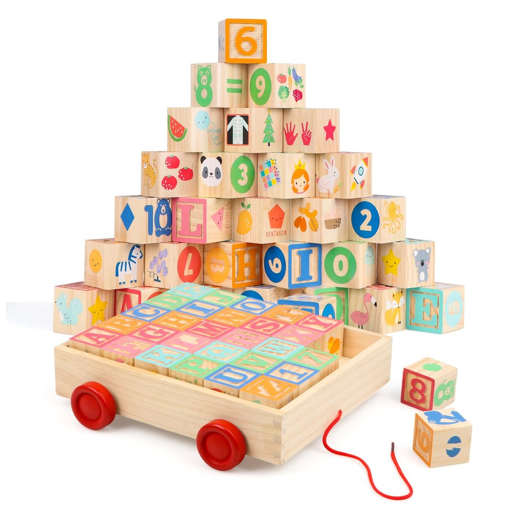 Joqutoys Wooden Building Blocks for Toddlers 1-3, Large Wood Baby Stacking Blocks Set for Kids, 30 PCS Alphabet Blocks with Toy Wagon, Educational Wooden Toys for Boys Girls Gifts 1.65"