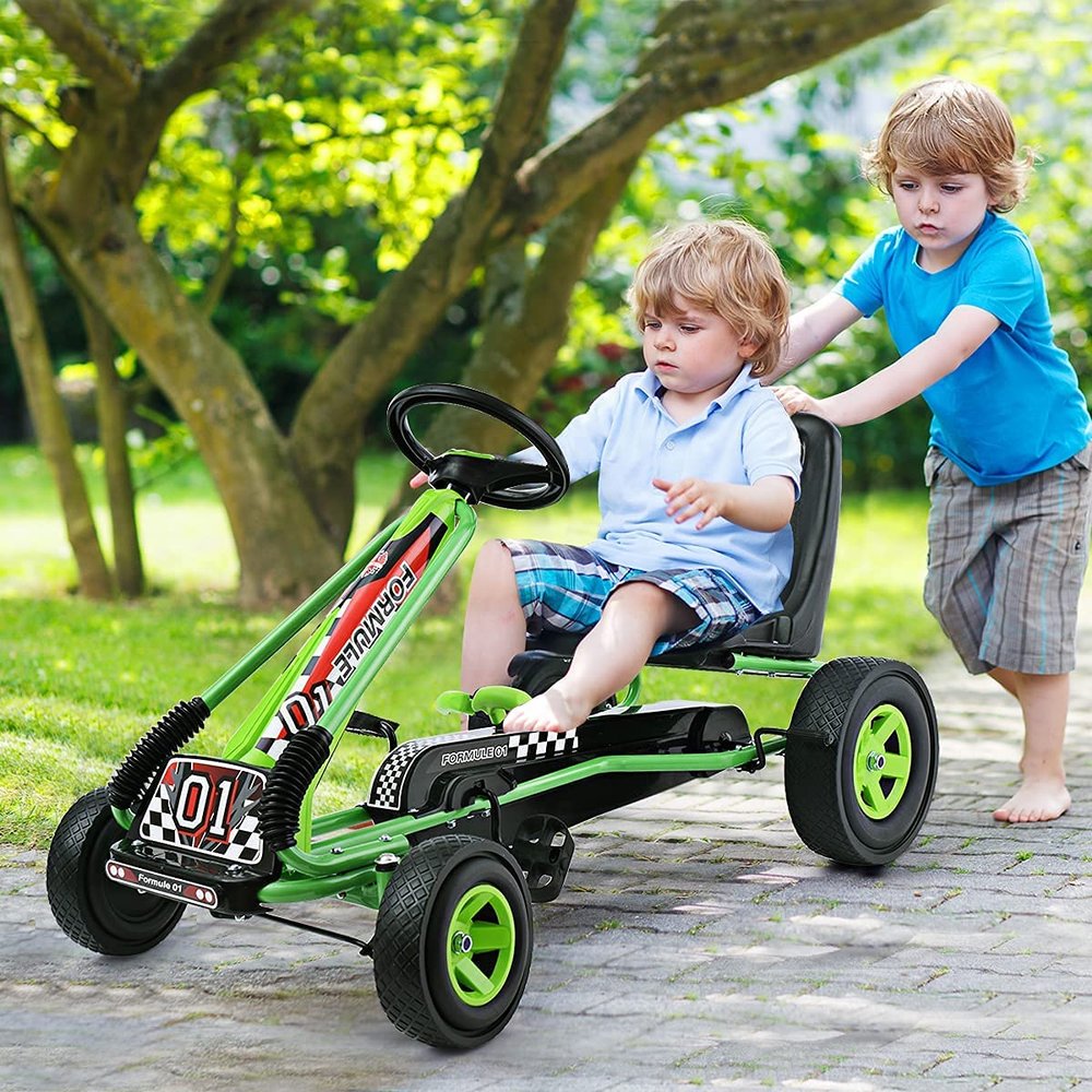 GLACER Go Kart for Kids, 4 Wheels Pedal car w/Adjustable Seat & Hand Brakes, EVA Tires, Pedal Powered Outdoor Racer for Boys & Girls, Ride on Toy (Green)