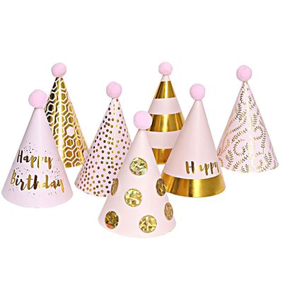 mollensiuer 7 Pieces Mini Party Hats Pink and Gold Cone Birthday Party Hats with Pink Plush Ball Birthday Party Supplies and Decorations for Group Activities and Decorations
