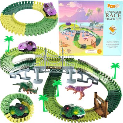TOYLI Dinosaur Race Track Set 182 Pieces, Dino Track Flexible Dinosaur Road Race Playset with Bridge, Ramps, Dinosaur Track Toy Set is a Great 3 Year Old boy Gift.