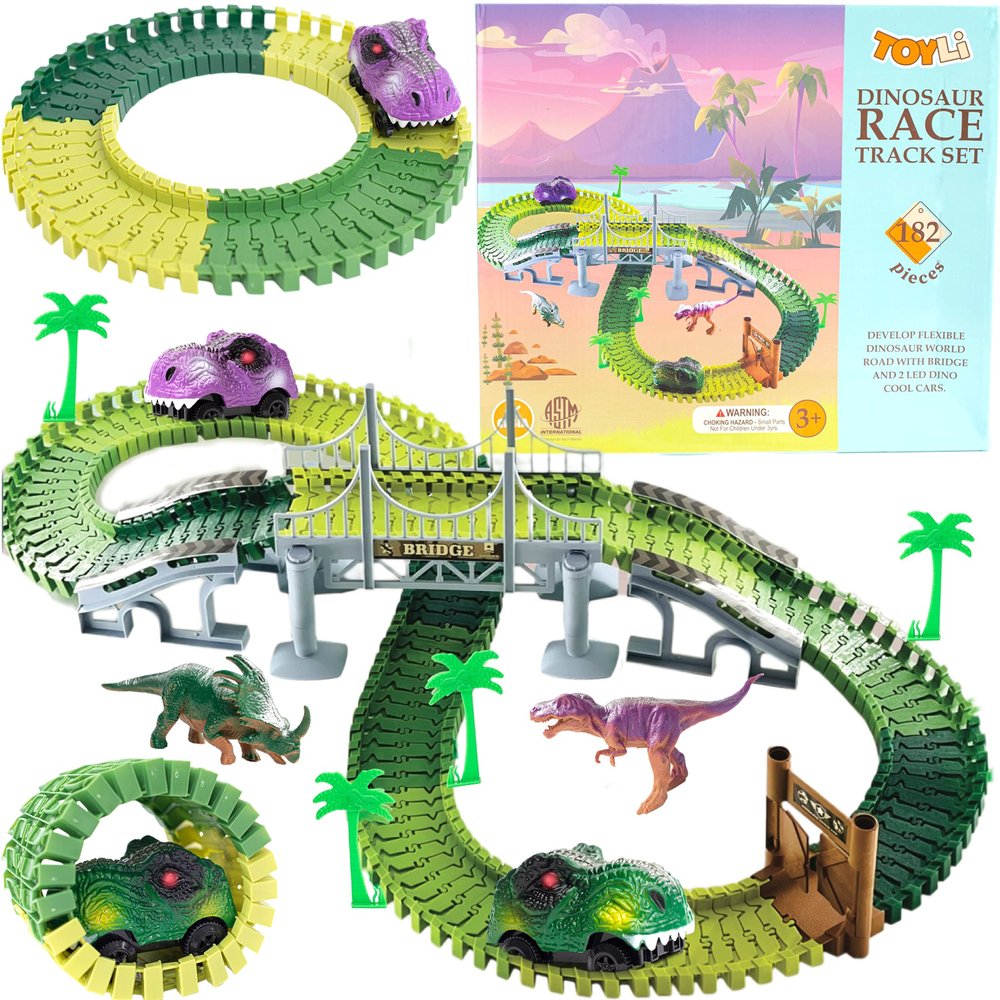 TOYLI Dinosaur Race Track Set 182 Pieces, Dino Track Flexible Dinosaur Road Race Playset with Bridge, Ramps, Dinosaur Track Toy Set is a Great 3 Year Old boy Gift.