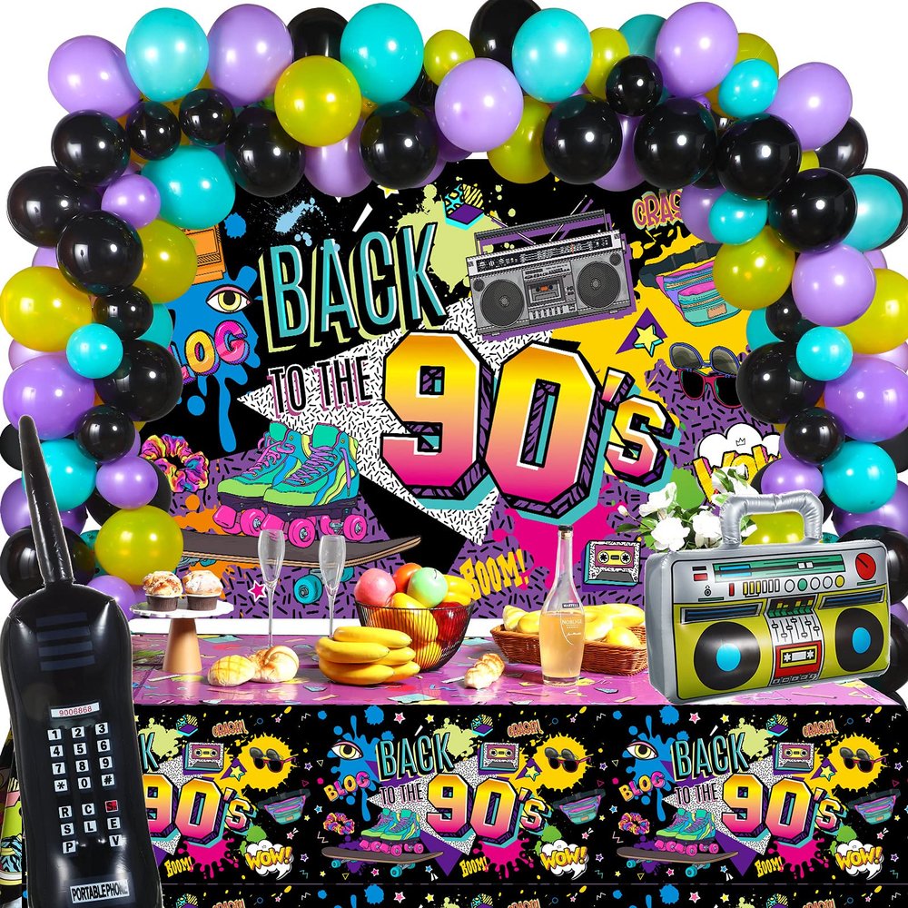 Irenare 85 Pcs 80s 90s 50s Party Decorations 90's Party Bundle Includes Inflatable Radio Boombox and Mobile Phone, Back to 1990s 50s Backdrop, Tablecloth, 75 Pcs Balloons for Hip Hop (90s Style)