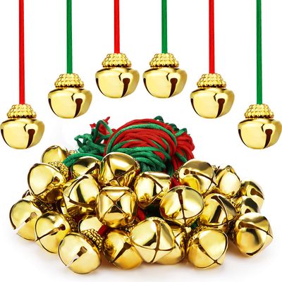 Gejoy 12 Pieces Jingle Bell Necklace Bulk Christmas Bell Necklace for Kid with Rope for Craft Holiday Party Supplies Christmas Hanging Decoration Xmas Accessories, Red and Green Cords (Gold)