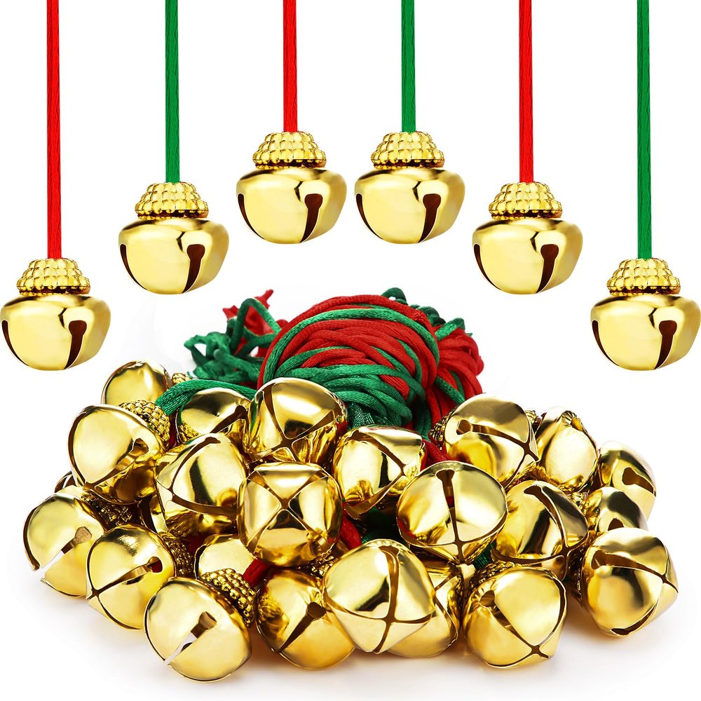 Gejoy 12 Pieces Jingle Bell Necklace Bulk Christmas Bell Necklace for Kid with Rope for Craft Holiday Party Supplies Christmas Hanging Decoration Xmas Accessories, Red and Green Cords (Gold)