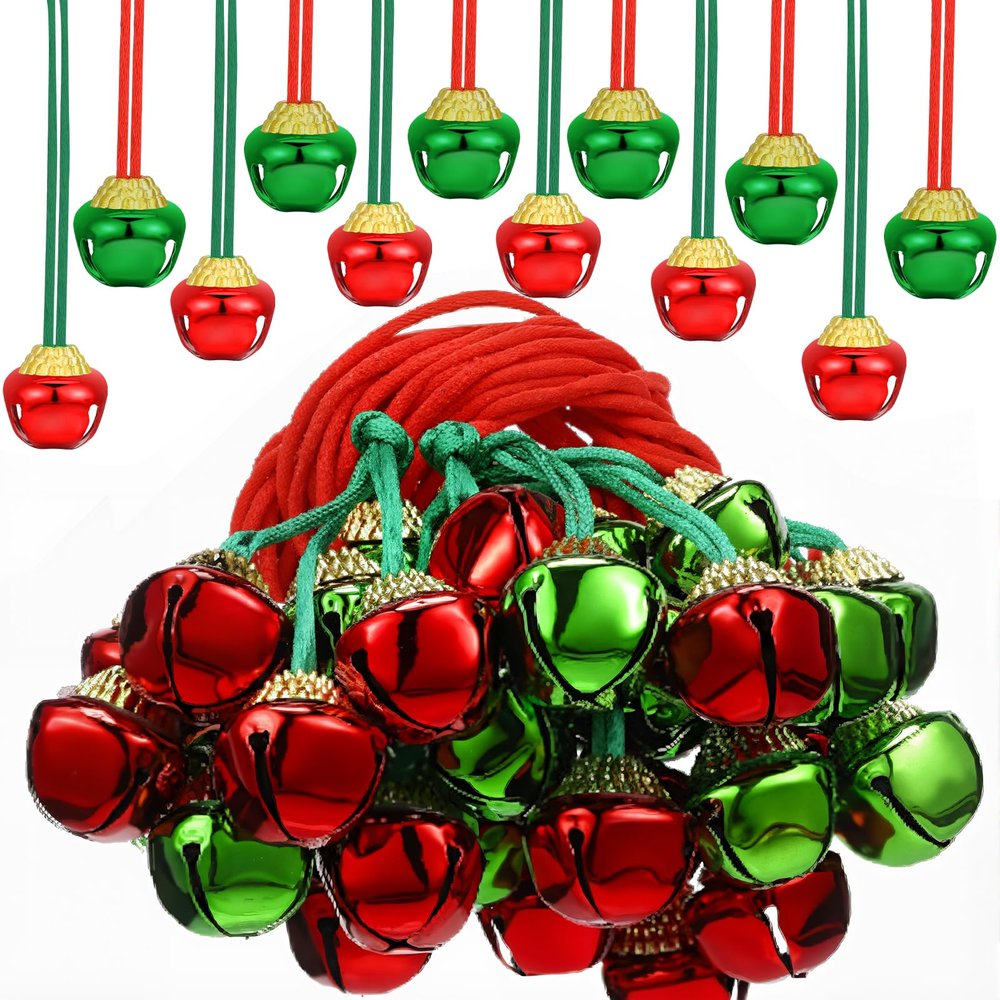 Gejoy 64 Pieces Christmas Bell Necklaces Large Gold Red Green Bell Necklaces for Craft Holiday Party Supplies (Charming Colors)