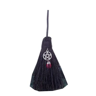 chengzui Mini Witch Broom Pendant with Faux Crystal, Miniature Wicca Altar Broomstick Besoms Car Charm Halloween Witchcraft Decoration