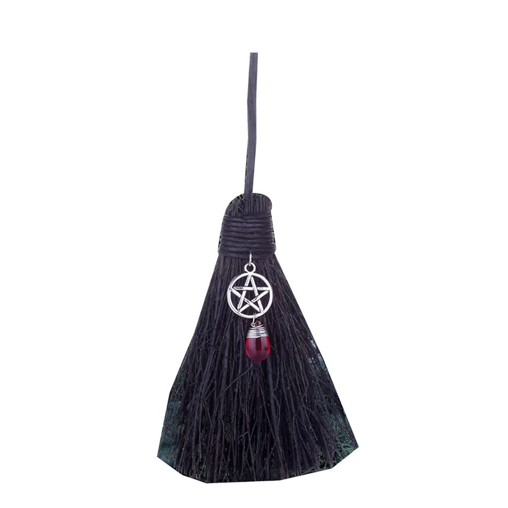 chengzui Mini Witch Broom Pendant with Faux Crystal, Miniature Wicca Altar Broomstick Besoms Car Charm Halloween Witchcraft Decoration
