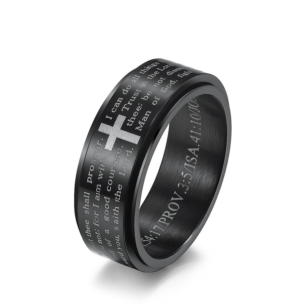 Inspirational Bible Verses Rotatable Christian Jesus Christ Lord Prayer Stress Relief Spinner Fidget Band Rings for Men Women for Anxiety Finger Rotate Freely Stainless Steel Wedding Couple Birthday