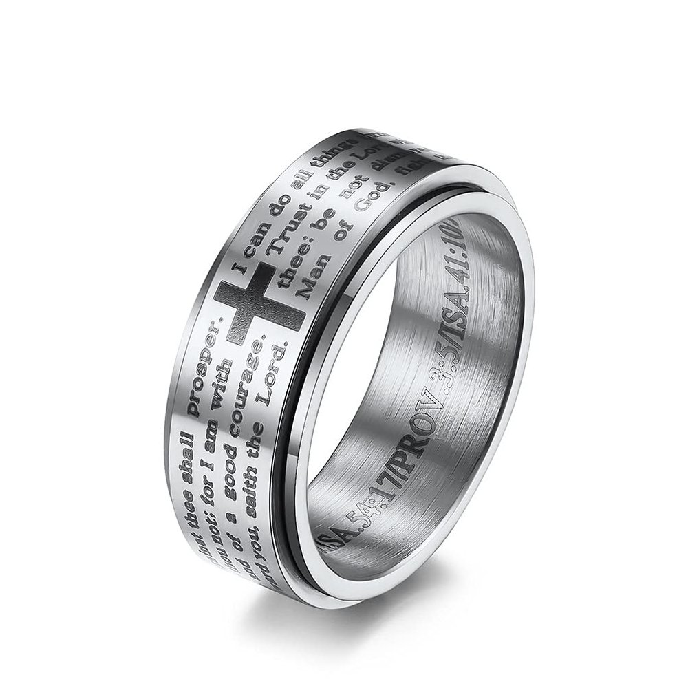 Inspirational Bible Verses Rotatable Christian Jesus Christ Lord Prayer Stress Relief Spinner Fidget Band Rings for Men Women for Anxiety Finger Rotate Freely Stainless Steel Wedding Couple Birthday