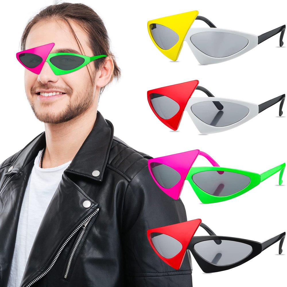 4 Pairs 80s Sunglasses Novelty 80s Asymmetric Funny Glasses Accessories Neon Glasses Hot Pink and Neon Green rock Star Costume Eyewear for Hip Hop Dance Party Favors