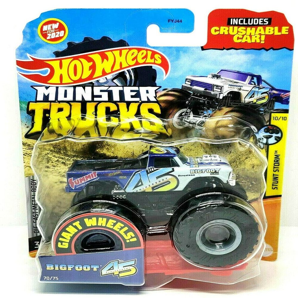 DieCast Hotwheels Monster Trucks Bigfoot- 45th Anniversary 70/75 [Blue/White] Crushable 1:64 Scale
