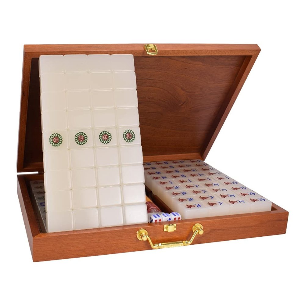 GBPOY Mahjong High-Grade Jade White Crystal Mahjong, 144 Engraved Tiles, Wooden Box, Ages 6+