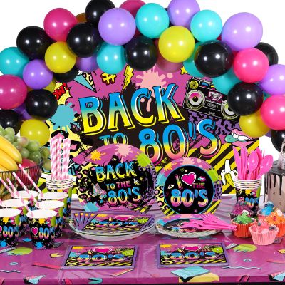 Chengu 176 Pcs 80s Party Decorations - 80s 90s Theme Birthday Party Supplies with Back to the 80's Backdrop Banner Funky Table Cover Tableware Balloons Set for Birthday Hip Pop Cake Toppers