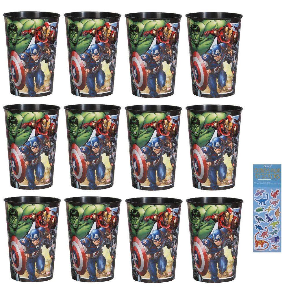 Unique Avengers Superhero Birthday Party Supplies Favor Bundle Set includes 16oz Plastic Reusable Favor Cups - 12 Count and 1 Dinossaur Sticker Sheet