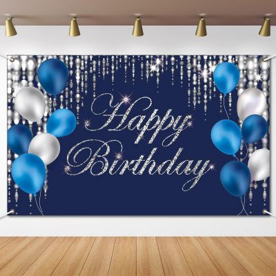 Blue Silver Happy Birthday Decorations Blue Birthday Banner Backdrop Large Backgroud Party Backdrop Baby Shower Party Indoor Outdoor Decorations Supplies for Men Women Boys Girls