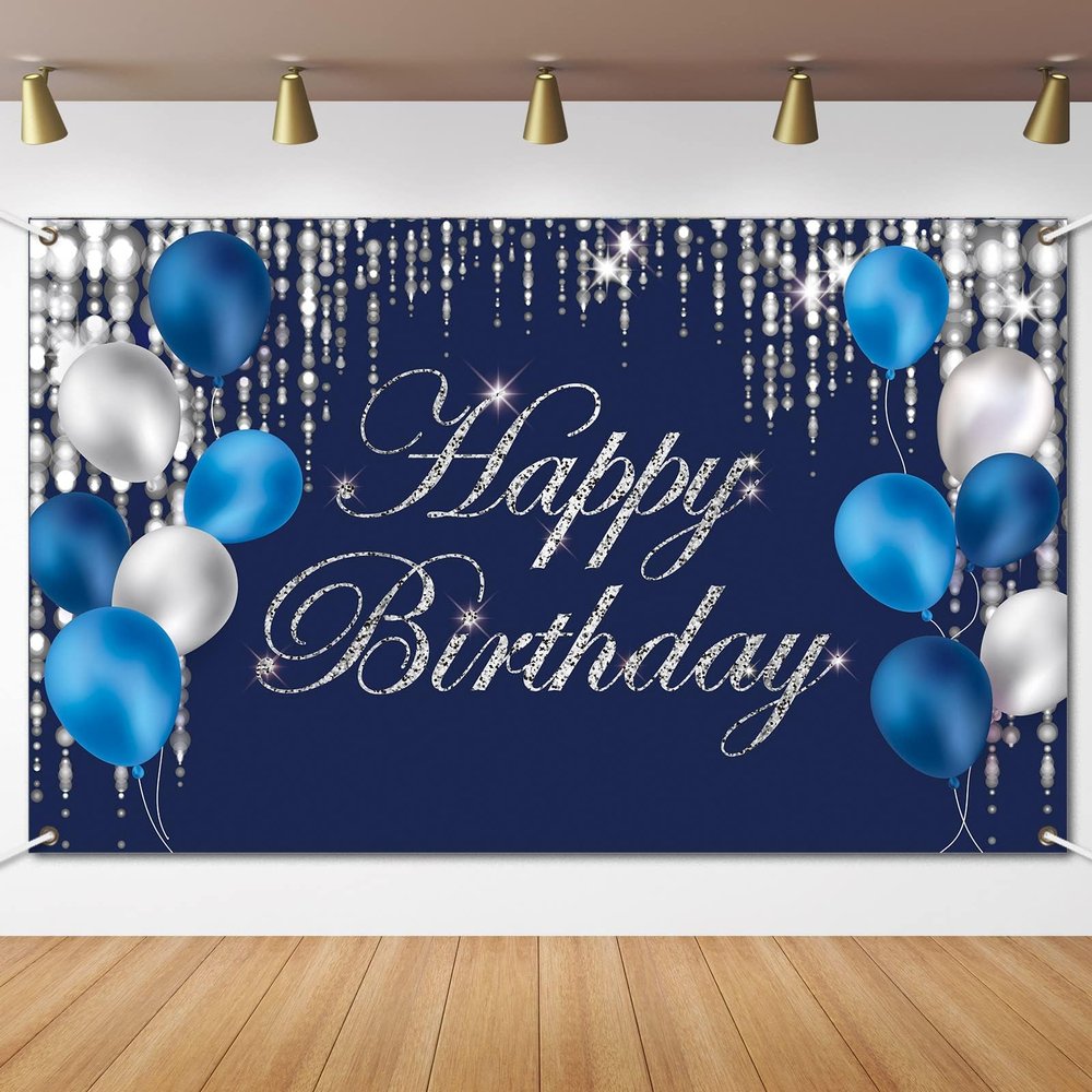 Blue Silver Happy Birthday Decorations Blue Birthday Banner Backdrop Large Backgroud Party Backdrop Baby Shower Party Indoor Outdoor Decorations Supplies for Men Women Boys Girls