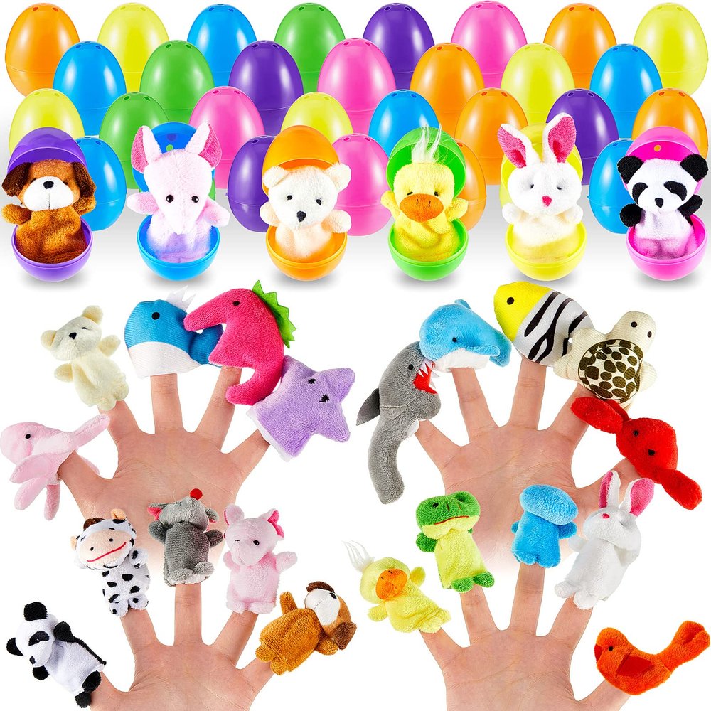 Civaner 40 Pcs Easter Eggs with Finger Puppets Prefilled Egg with Cartoon Animal Puppets Easter Basket Toys Soft Plush Dolls Props for Party Basket Stuffers (Cute Style)