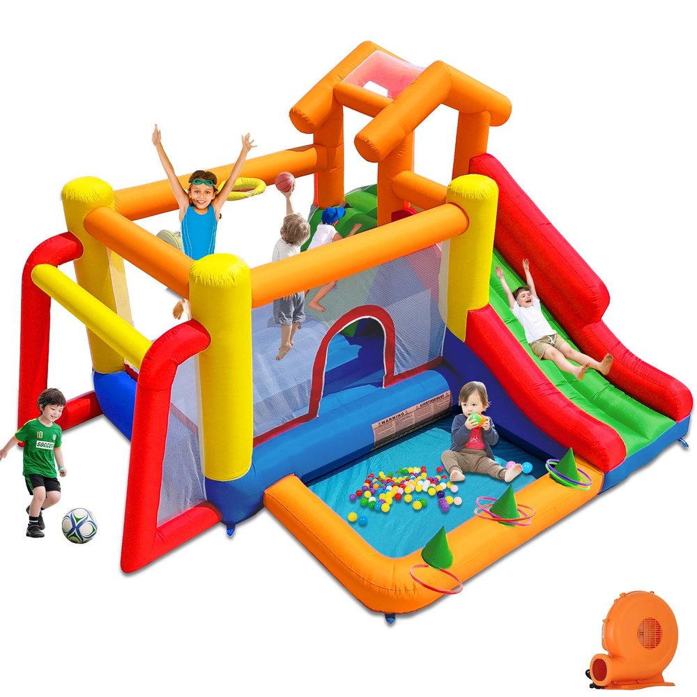 Baralir 7-in-1 Bounce House for Kids 310, Bouncy Castle with Long Slide, Kiddie Pool (Ball Pit), Soccer Goal, Climbing Wall, Basketball Hoop and Ring Toss Game - for Indoor or Backyard Fun