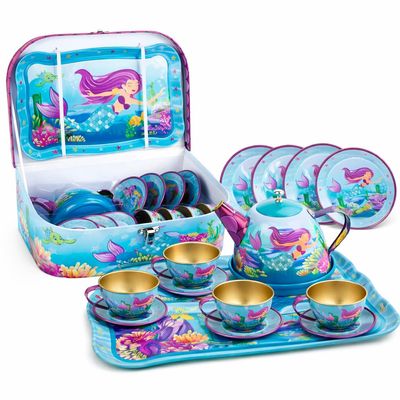 15 Piece Mermaid Tea Party Set for Little Girls, Pretend Tin Teapot Set, Princess Tea Time Play Kitchen Toy with Cups, Plates and Carrying Case for Birthday Gifts Kids Toddlers