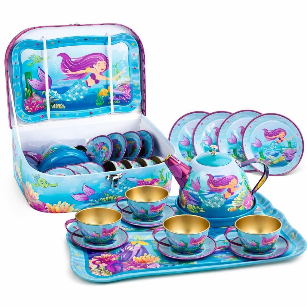 15 Piece Mermaid Tea Party Set for Little Girls, Pretend Tin Teapot Set, Princess Tea Time Play Kitchen Toy with Cups, Plates and Carrying Case for Birthday Gifts Kids Toddlers