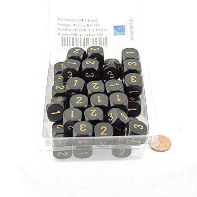 Black Opaque Dice with Gold Numbers D3 (D6 1-3 Twice) 16mm (5/8in) Pack of 100 Wondertrail