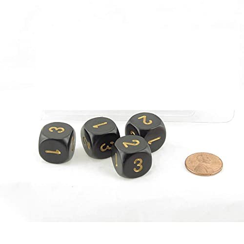 Black Opaque Dice with Gold Numbers D3 (D6 1-3 Twice) 16mm (5/8in) Pack of 4 Wondertrail