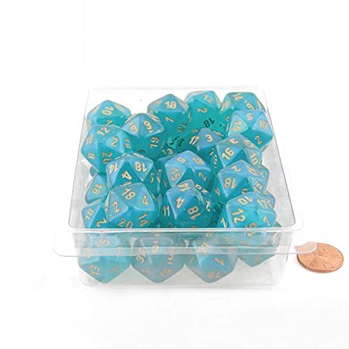 Teal Borealis Dice Luminary with Gold Numbers D20 Aprox 16mm (5/8in) Pack of 2 Wondertrail
