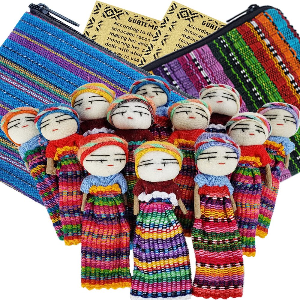 52 12 Super Cute Worry Dolls + 2 Free Guatemala Fabric Bag - Handmade from Guatemala - Worry Dolls Guatemala - Guatemalan - Mayan - Anxiety (12 Worry Dolls in 2 Bags)