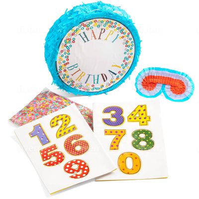 Birthday Pinata 14x14in, Party Supply for Fiesta, Celebration Decoration, Piata for Any Age, for Boy, Girl, or Adult. Happy Party Decoration with Numbers Stickers, Eye Blinder, & Confetti
