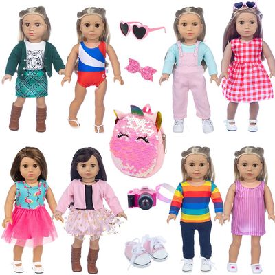 Ebuddy Doll Clothes & Accessories - 8 Sets Outfit with Shoes, Backpack, Glasses, Camera, Pad for 18 Inch Girl Dolls