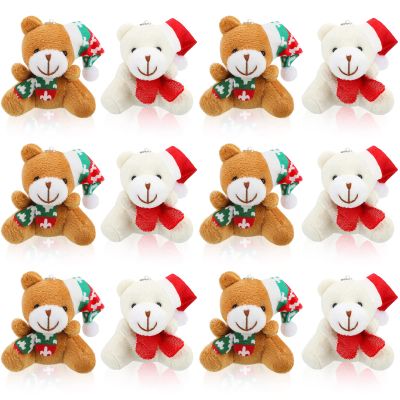 12 Pieces Christmas Mini Bear Bulk 3.15 Inch Soft Plush Stuffed Animal Toy Xmas Tree Cute Ornaments Plush Bear Keychain Gift for Birthday Present Box Wedding Party Favors Award Decor(Simple Style)