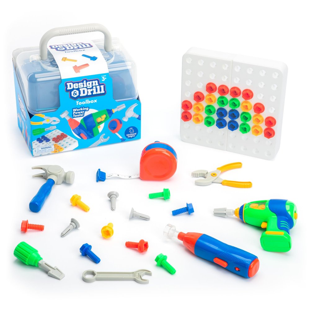 Educational Insights Design & Drill Toolbox - Construction Toys & Toddler Tools, Kids Tool Set with Real Electric Drill Toy, Kids Tool Box, Toddler Building Toys for Girls and Boys Ages 3+