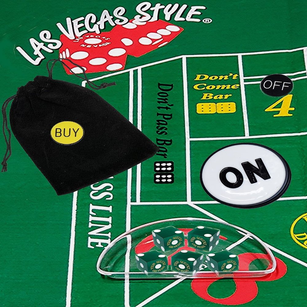 Cyber-Deals Craps Starter Kit Sets, Featuring Authentic Las Vegas Casino Table-Played Dice with Clear Acrylic Dice Boat (Four Queens (Green Frosted))