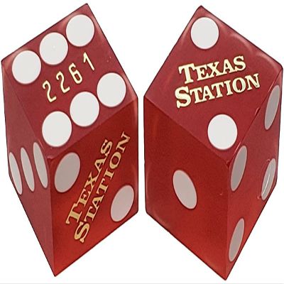 19mm Craps Dice Pair Matching Serial Numbers - Authentic Las Vegas Casino Table-Played Dice (Texas Station (Red Frosted) Bold Lettering)