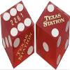 19mm Craps Dice Pair Matching Serial Numbers - Authentic Las Vegas Casino Table-Played Dice (Texas Station (Red Frosted) Bold Lettering) view 1