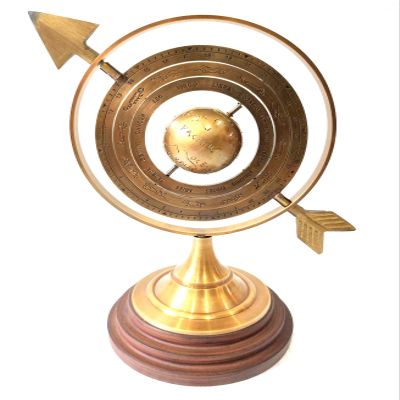 Vimal Nautical Brown Antique Size 12 Inch Lobe Armillary Globe Showpiece, Brass Armillary with Wooden Base Sphere Decor, Nautical Brass Decor