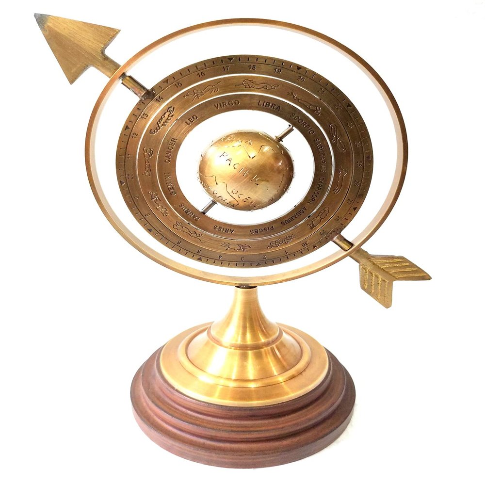 Vimal Nautical Brown Antique Size 12 Inch Lobe Armillary Globe Showpiece, Brass Armillary with Wooden Base Sphere Decor, Nautical Brass Decor