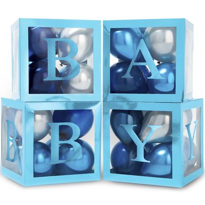 Baby Shower Boxes with Letters Metallic Blue Boxes with Metallic Blue and Silver Balloons 44-Piece Gender Reveal & Party Decoration Set by Vellax