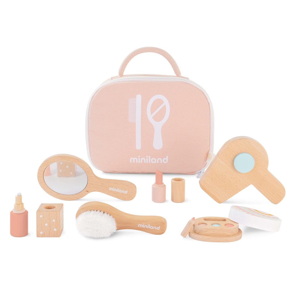 Miniland Doll Wooden Beauty Set - Quality accesory Set with 6 Wooden Pieces and 1 Carry case to Storage for Children from 3 to 6 Years