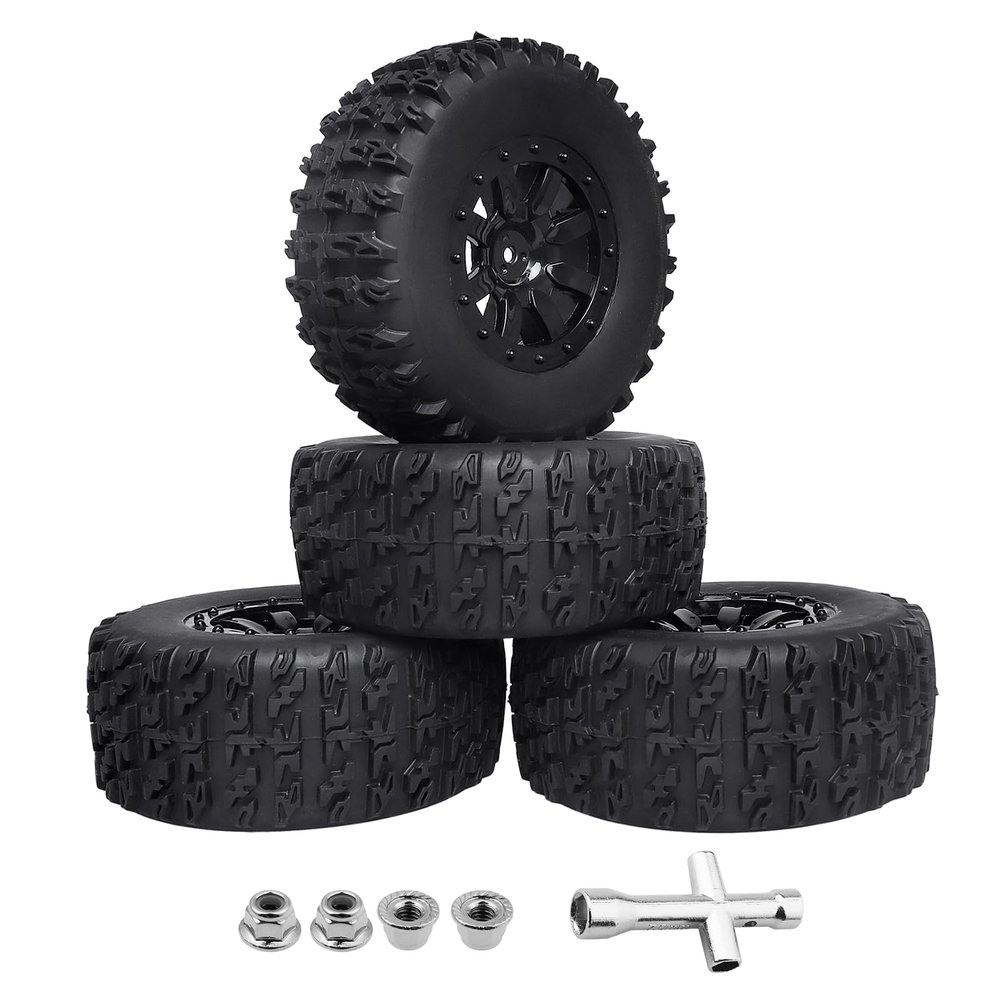 AllinRC Pre-Glued 1/10 RC Short Course Truck Tires and Wheels 12mm Hex with Foam Inserts for Traxxas Slash 4X4 2WD Redcat Blackout Losi Tenacity HPI VKAR HSP LRP 4PCS (Style A)