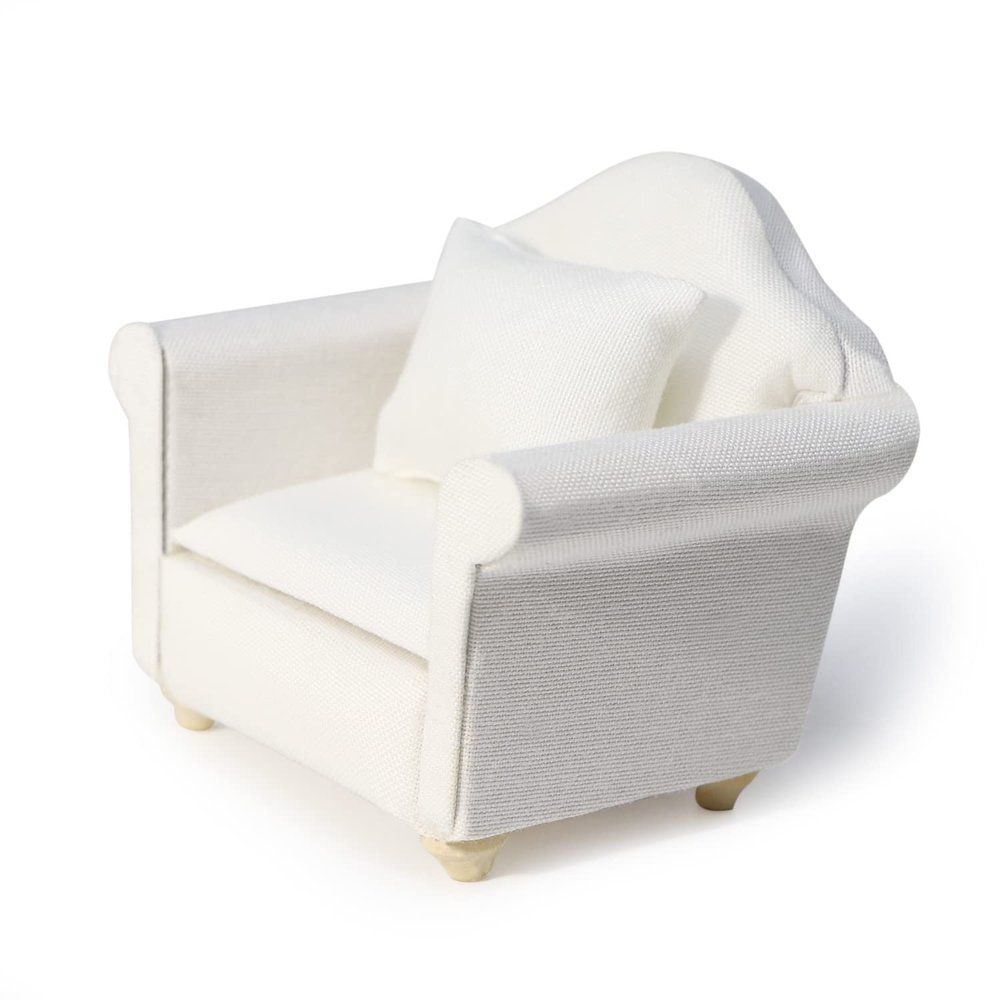 Dollhouse Couch with Pillow 1 12 Scale Miniature Sofa Arm Chair Living Room Furniture Wooden Fabric Frame Single Reading Chair Artificial House Room Scene Decoration (White)
