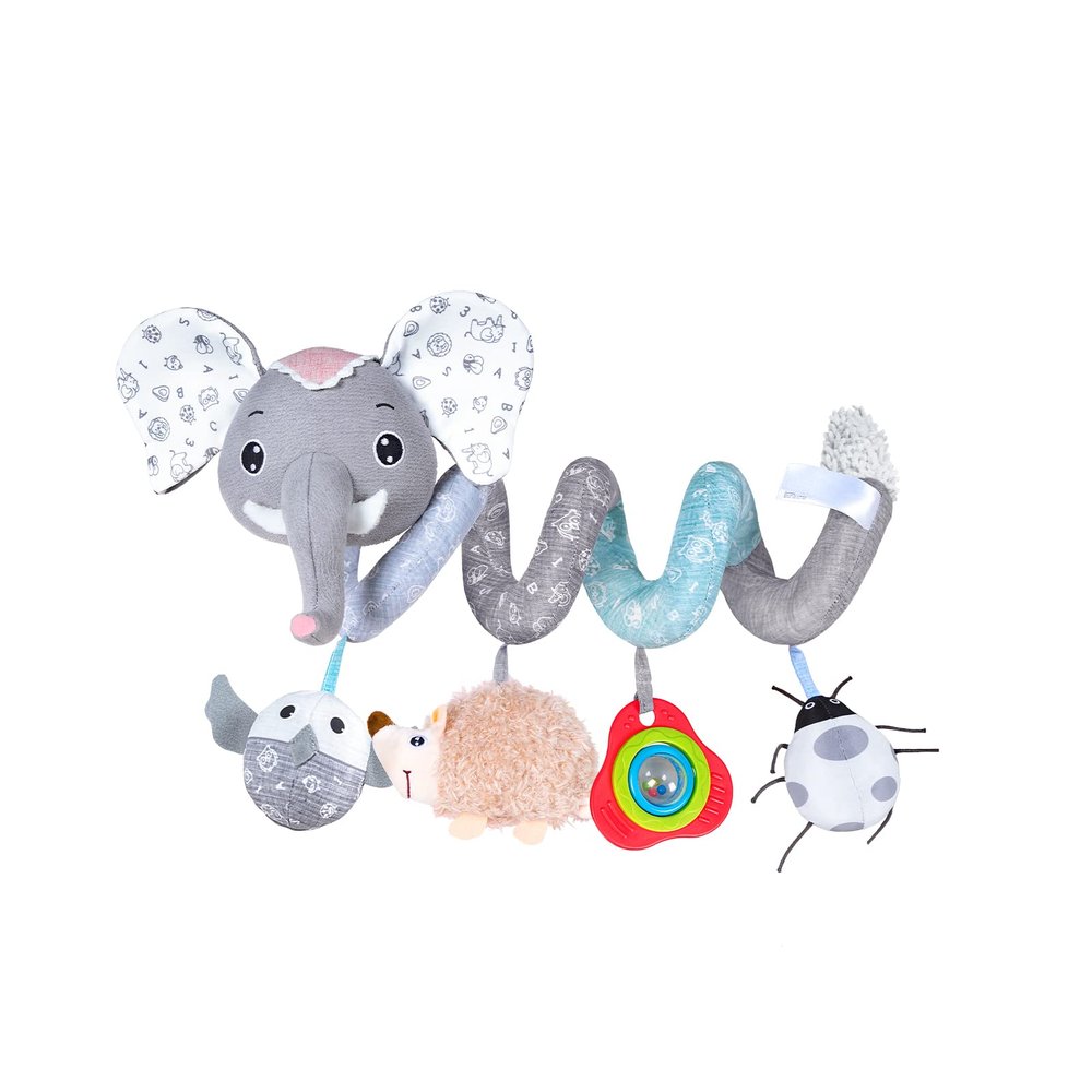Jollybaby Crib Stroller Car Seat Toys for Baby 0-3-6-9-12 Months, Tummy Time Hanging Sensory Toys for Newborn with Music Box and Teether, Spiral Carseat Toy for Boys Girls Gifts (09-Sz Gray Elephant)