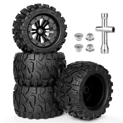 2.8 PreGlued RC Truck Wheels and Tires 12mm Hex w/Foam Inserts for Traxxas Rustler Stampede 4X4 VXL Hoss 4x4 Blackout XTE Pro 1/10 Scale RC Monster Truck Tyres Set (4-Pack)