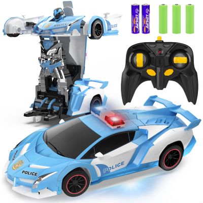 FDJ RC Cars - Transform Remote Control Car, 2.4Ghz 1:18 Scale Transforming Police Car Toy with Flashing Light, One Button Deformation 360 Degree Rotating Drifting Kids Toys Car for Boys Girls